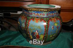 Chinese Planter Bowl-Porcelain Pottery-8 Sided Scenes-Women Roosters-Signed