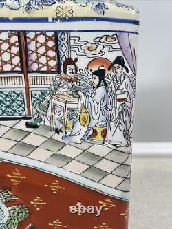 Chinese Porcelain Cong Form Square Rose Medallion Mandarin Blue Court Scene Vase
