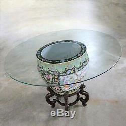 Chinese Porcelain Fish Bowl on Stand with Round Glass Top Dining or Center Table