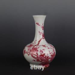 Chinese Porcelain Qing Dynasty Kangxi Carmine Red Flowers and Birds Vase 13.85'