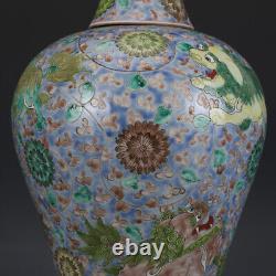 Chinese Porcelain Qing Dynasty Kangxi Tricolor Lion Pattern Pulm Vase 14.56 Inch