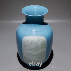 Chinese Porcelain Qing Qianlong Azure Glaze Landscape Winter Melon Vase 12.4'