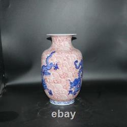 Chinese Porcelain Qing Qianlong Blue And White Underglaze Red Dragon Vase 12.4'