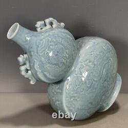 Chinese Porcelain Qing Qianlong Blue Glaze Dragon Pattern Gourd Vase 12.44 Inch