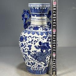 Chinese Porcelain Qing Qianlong Blue and White Dragon Double Eared Vase 11.81