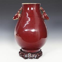 Chinese Porcelain Sang De Bouef Bailuzun Vase Deer Mahogany Wood Base