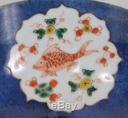 Chinese Powder Blue Gold & Iron Red Porcelain Bowl Boy & Sea Life Kangxi Period
