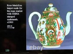 Chinese Rose Medallion Porcelain Teapot with Rare Square Teacup Set 19th C