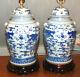 Chinese Temple Jar Lamps Pair Blue & White Ginger Jar Porcelain Dragons Vases 3q