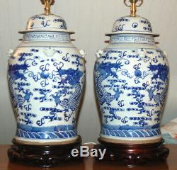 Chinese TEMPLE JAR LAMPS Pair Blue & White Ginger Jar Porcelain Dragons Vases 3Q