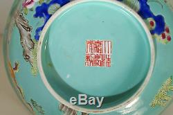Chinese Turquoise Enamel Painted Porcelain Lotus Bowl Dragon Fu-Lion Bat Motif