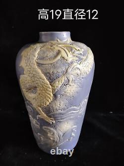 Chinese antique sculpture porcelain dragon pattern blue glaze vase 7.4inc