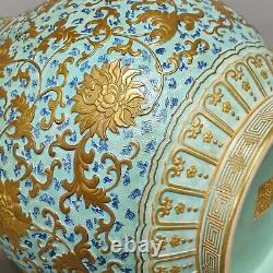 Chinese beautiful famille rose porcelain carved gilded vase