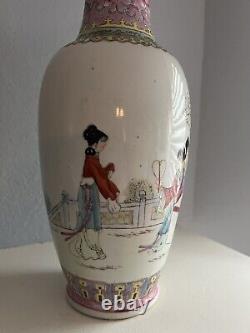 Chinese signed Qianlong Baluster Porcelain vase ladies in a garden with poem
