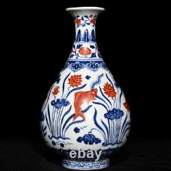 Collectable Art Chinese Hand Painting Blue&white Porcelain YuHuChun Fish Vase