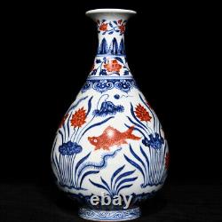 Collectable Art Chinese Hand Painting Blue&white Porcelain YuHuChun Fish Vase