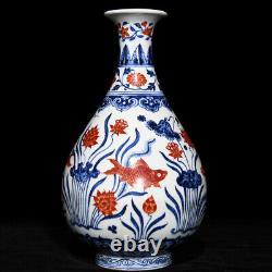 Collectable Art Chinese Hand Painting Blue&white Porcelain YuHuChun Fish Vase