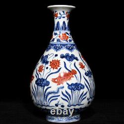 Collectable Art Chinese Hand Painting Blue&white Porcelain YuHuChun Fish Vase