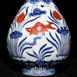 Collectable Art Chinese Hand Painting Blue&white Porcelain YuHuChun Fish Vase