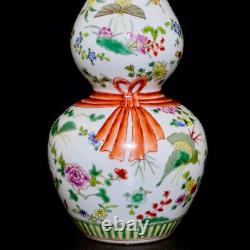 Collectable Art Handmade Famille Rose Porcelain Flowers Calabash Vase