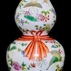 Collectable Art Handmade Famille Rose Porcelain Flowers Calabash Vase