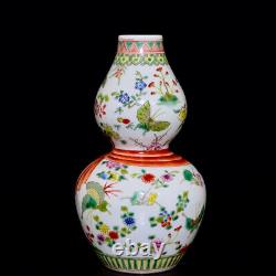 Collectable Art Handmade Famille Rose Porcelain Flowers Calabash Vase