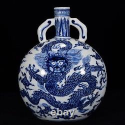 Collectable Chinese Hand Painting Blue&white Porcelain Dragon Flat Vase