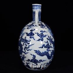 Collectable Chinese Hand Painting Blue&white Porcelain Dragon Flat Vase