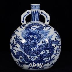 Collectable Chinese Hand Painting Blue&white Porcelain Dragon Flat Vase