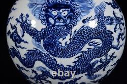 Collectable Chinese Hand Painting Blue&white Porcelain Dragon Flat Vase