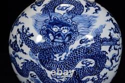 Collectable Chinese Hand Painting Blue&white Porcelain Dragon Flat Vase