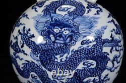 Collectable Chinese Hand Painting Blue&white Porcelain Dragon Flat Vase