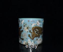 Delicate Chinese Hand Painting Famille Rose Porcelain Lion Brush Pot