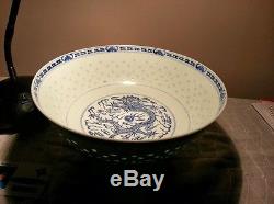 Early 1900s Chinese Porcelain Blue & White Translucent Rice Pattern Bowl