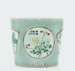 Early 20C Chinese Famille Rose Celadon Porcelain Planter Pot Calligraphy Poem Mk