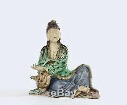 Early 20C Chinese Sancai Famille Porcelain Kwan Guan Yin Buddha Unicorn Figure