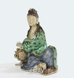 Early 20C Chinese Sancai Famille Porcelain Kwan Guan Yin Buddha Unicorn Figure