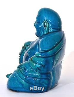 Early 20C Chinese Turquoise Crackle Glaze Porcelain Happy Buddha Figure Mk