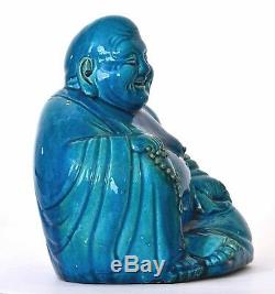 Early 20C Chinese Turquoise Crackle Glaze Porcelain Happy Buddha Figure Mk