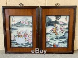 Estate Old House Chinese Antique Painting On Porcelain Plaque Of Warriors Tile