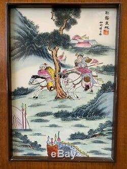 Estate Old House Chinese Antique Painting On Porcelain Plaque Of Warriors Tile