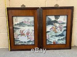 Estate Old House Chinese Antique Painting On Porcelain Plaque Of Warriors Tile