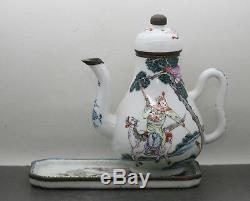 Exquisite Antique Chinese Matching Porcelain Teapot & Plate Export Ware c1700s