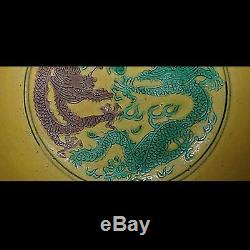 Exquisite Rare Antiques Chinese Yellow Dragons Porcelain Plate Marks KangXi