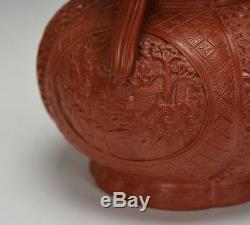 Extremely Rare Chinese Faux Red Lacquer Glaze Carved Double Gourd Porcelain Vase