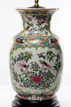 Famille Rose Chinese Porcelain Vase Lamp Birds Butterflies and Grecian Key