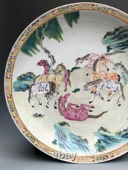 Famille rose chinese porcelain plate with horses painting six charaters mark