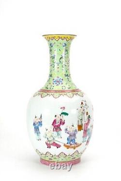Fine Antique Chinese Qing Daoguang MK Famille Rose Boy Figures Porcelain Vase