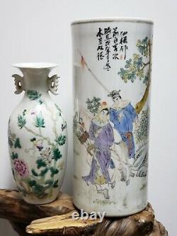 Fine Chinese Familie Rose Porcelain Vase Hat Tube(Mulan) With Small Vase
