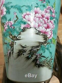 Fine Chinese Green Base With Famille Rose Porcelain Vase